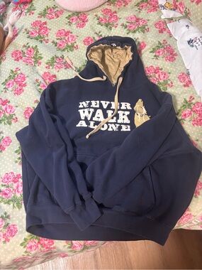 Never Walk Alone Navy Hooded Sweatshirt with Tan Lining
